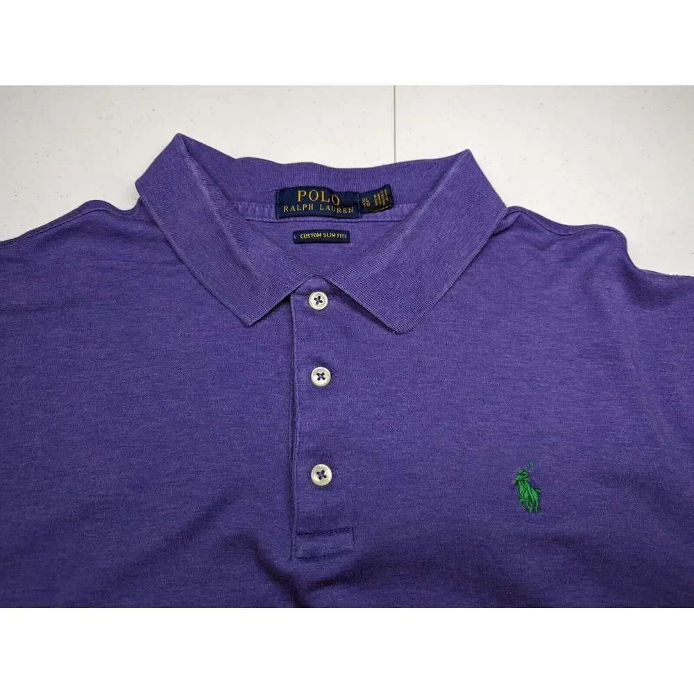 Polo Ralph Lauren Mens XL Custom Slim Fit Purple‎ Shirt Green Logo Short Sleeve